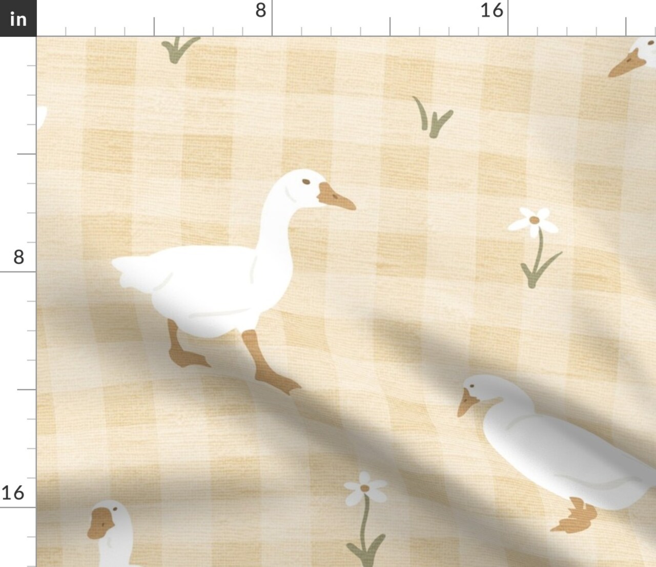 Gingham Goose Playful Faux Texture Gender Neutral Country Farmhouse Birds Flowers Yellow Farm Cottage Custom Printed Fabric by Spoonflower Various Fabrics by the Yard or Fat Quarter